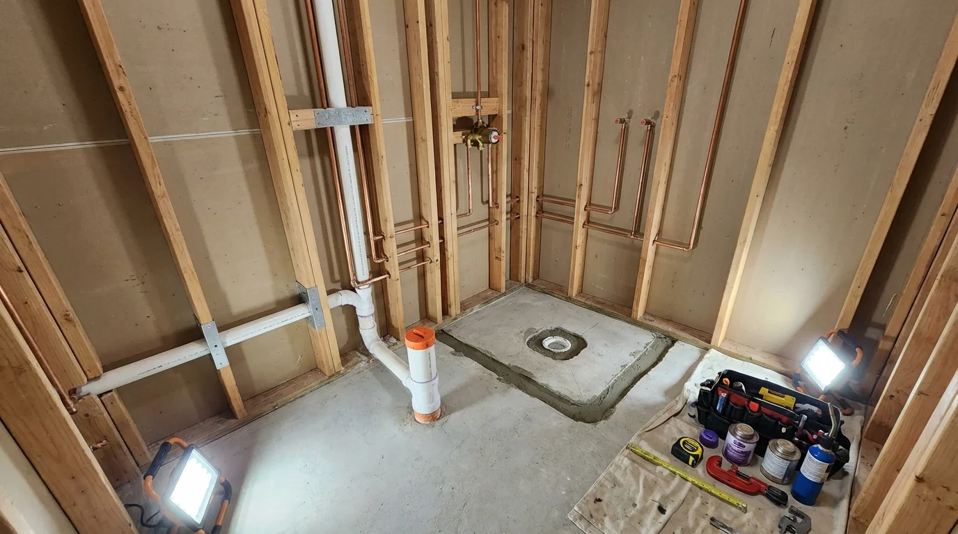 Bathroom rough-in plumbing during remodel by Johns Plumbing LLC in Bayboro