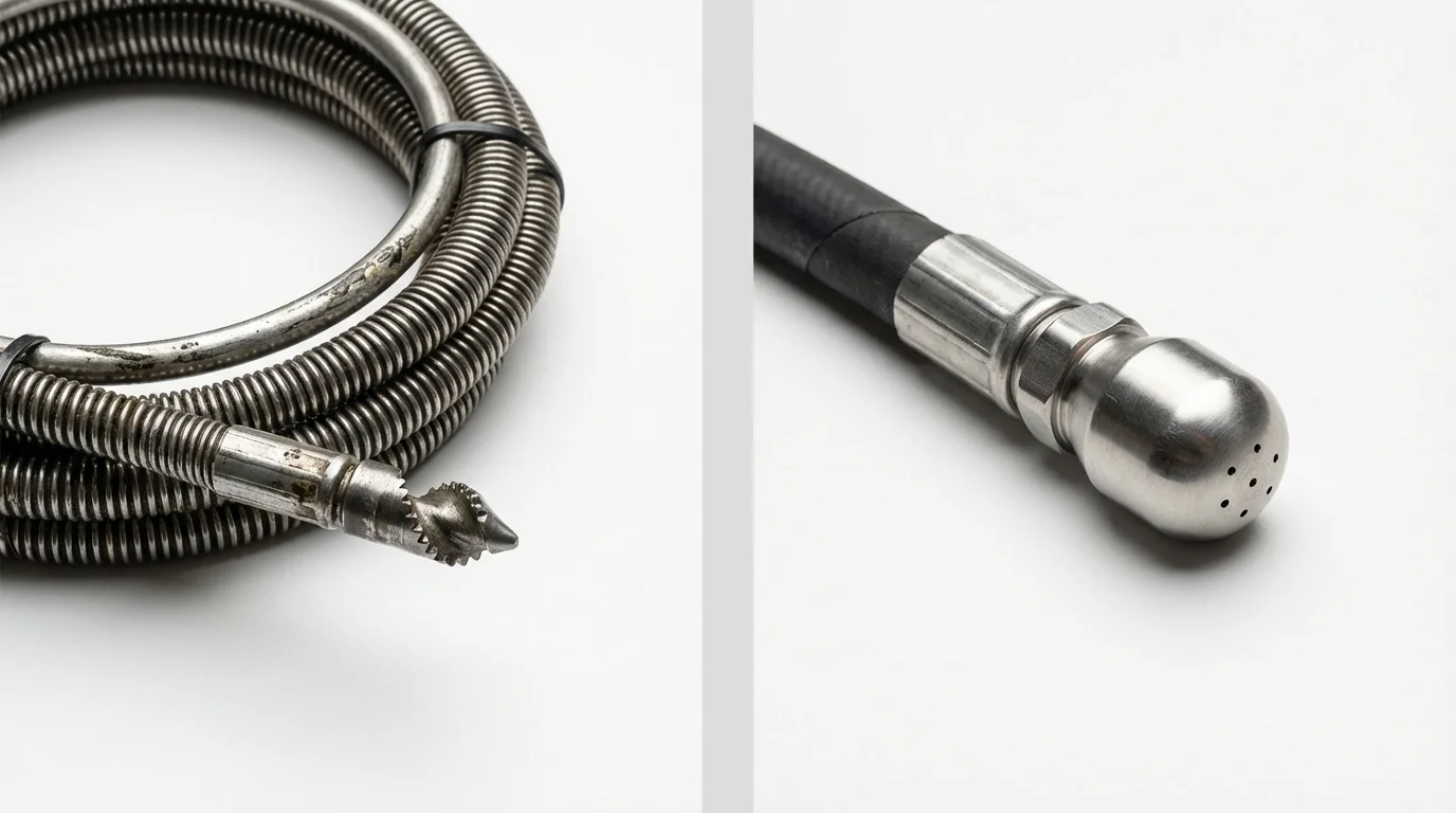 Drain snake cable and hydro jetting nozzle used for drain cleaning in Bayboro, NC