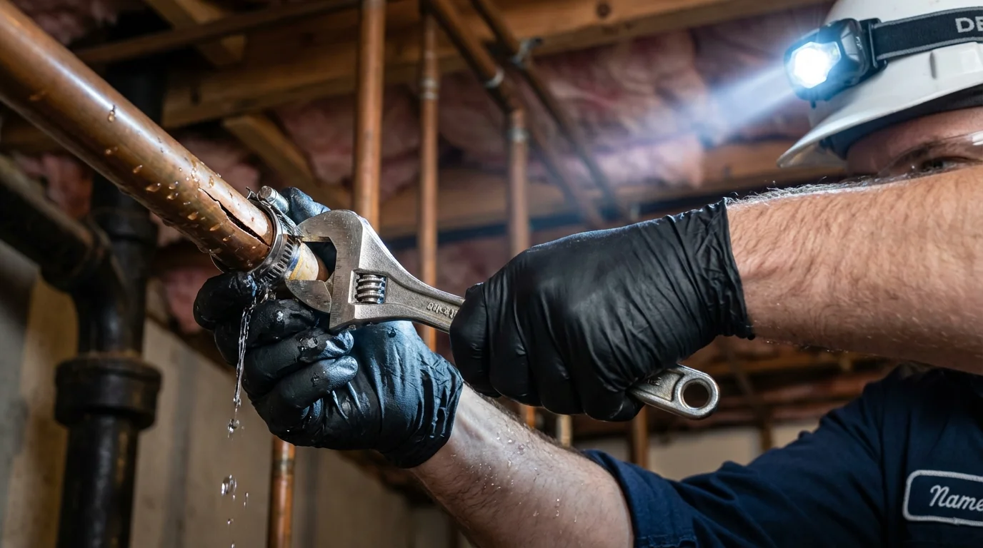 Emergency pipe clamp repair being performed by a Johns Plumbing LLC plumber in Bayboro