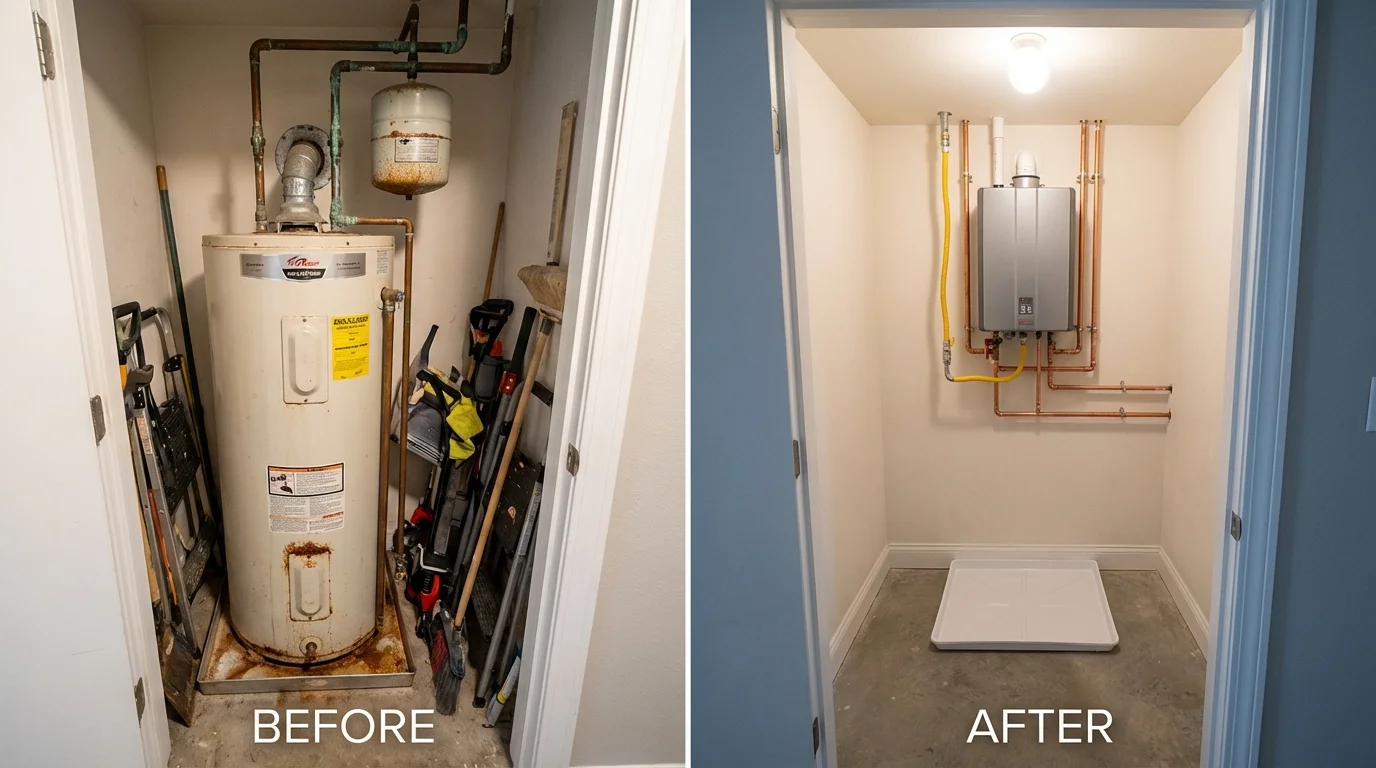 Tank water heater versus wall-mounted tankless unit comparison for Bayboro, NC homeowners