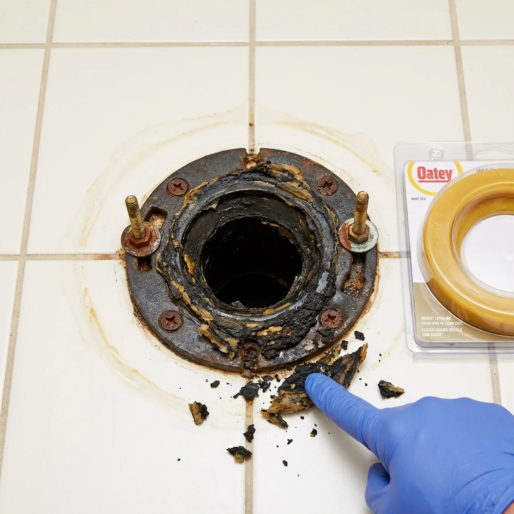Failed wax ring showing water seepage at the base of a toilet in a Bayboro, NC home