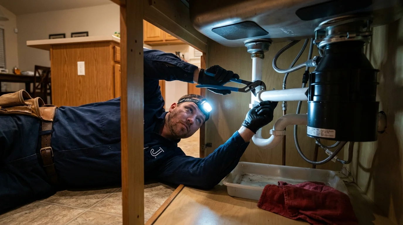 P-trap and supply line connections under a kitchen sink showing a common leak point in Bayboro, NC